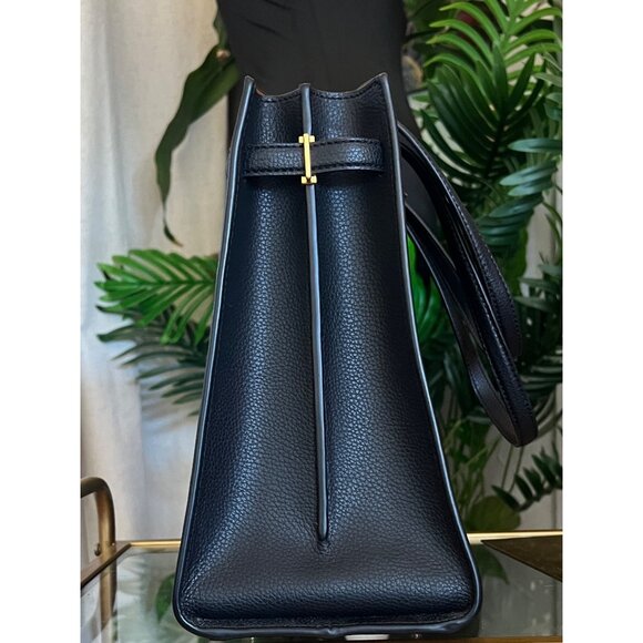 Tory Burch Walker Robinson Black Leather Tote Bag With Burgundy Tag & Gold Hardw - Picture 4 of 11
